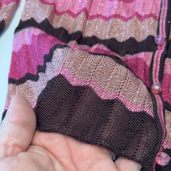 Vtg Cache Womens Pink Brown Metallic Chevron Zigzag Knit Cardigan Sweater Med - Picture 4 of 10
